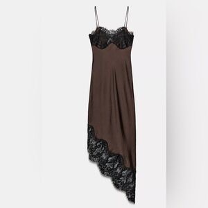 ZARA Satin Lace Slip Dress Brown Black Lace Midi Dress Size XL